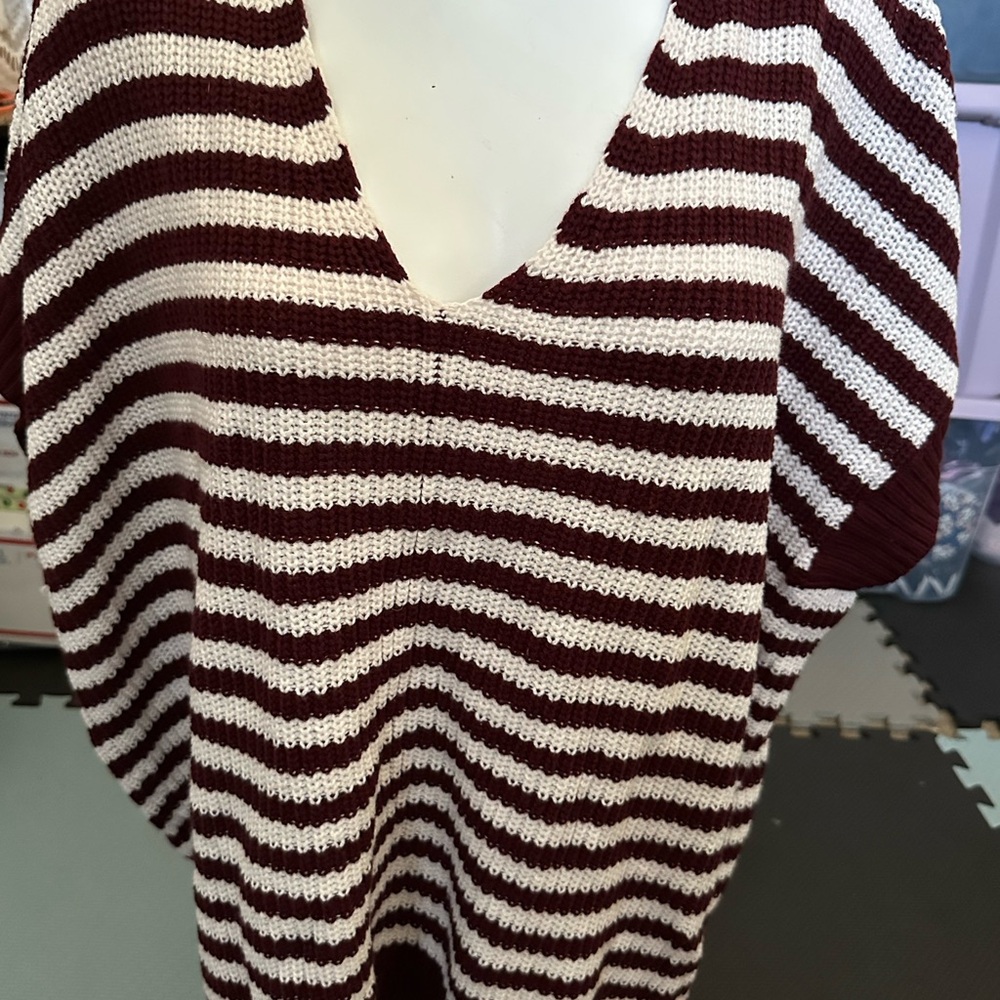 LOFT Maroon and White Striped V-Neck Poncho Sweater